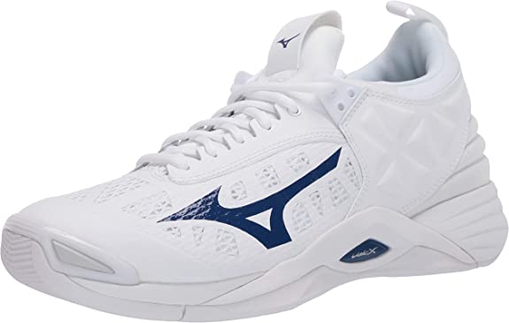 Mizuno Women's Wave Momentum best Volleyball Shoes in white colour with blue contrast